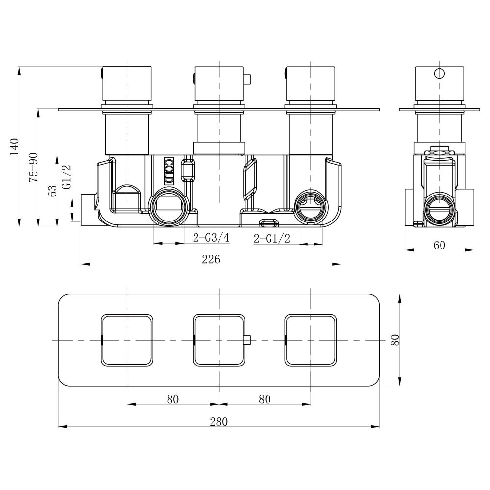 Liva Dual Outlet Triple Control Square Concealed Shower Valve Spec Drawing