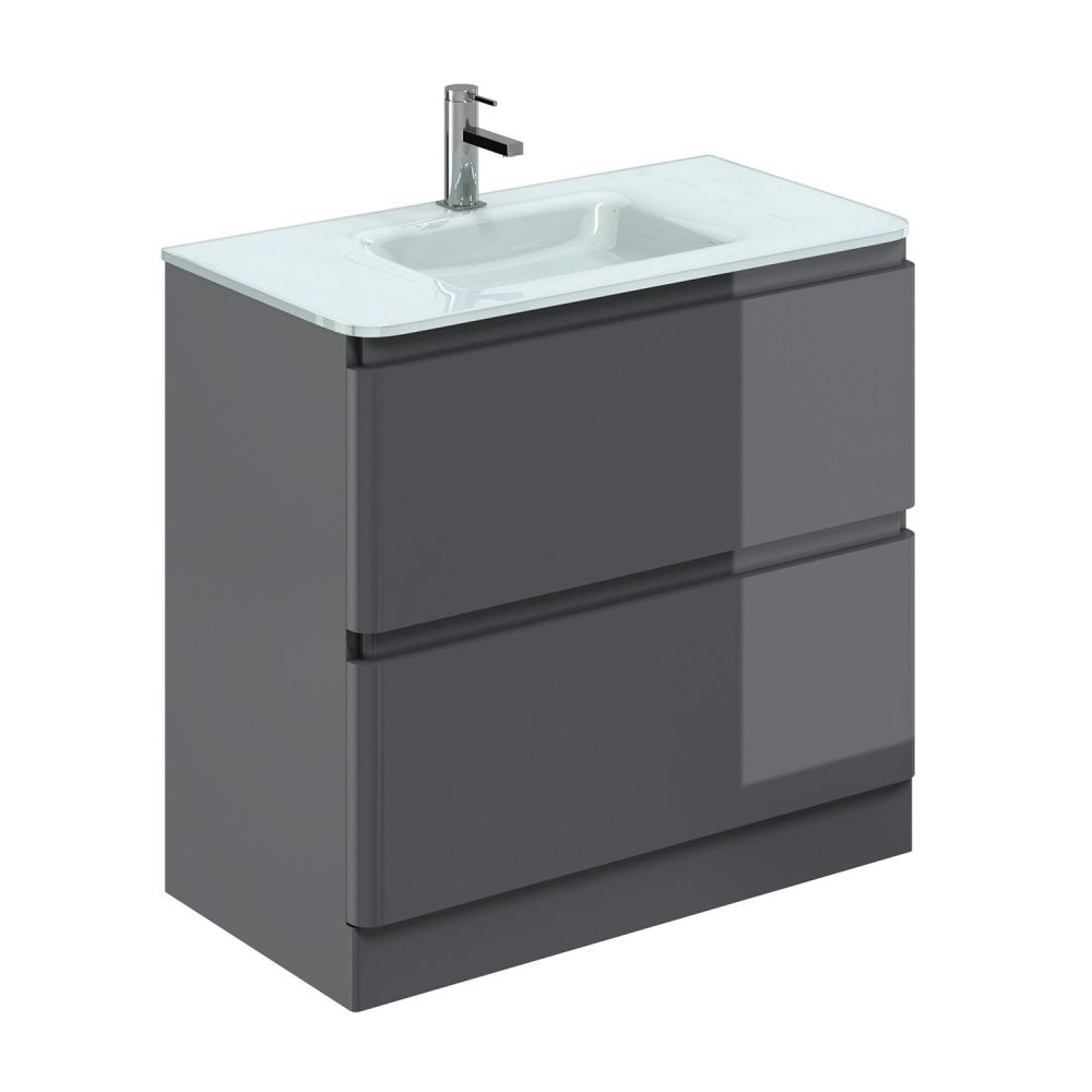 Neon Gloss Titanium Grey Floor Standing Vanity Unit with Opal Glass Basin 900mm