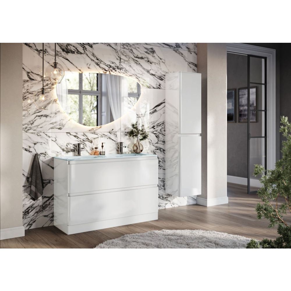 Neon Gloss White Floor Standing Vanity Unit with Opal Glass Basin 1200mm