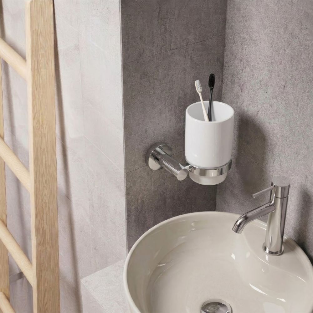 Round Chrome Ceramic Tumbler and Holder