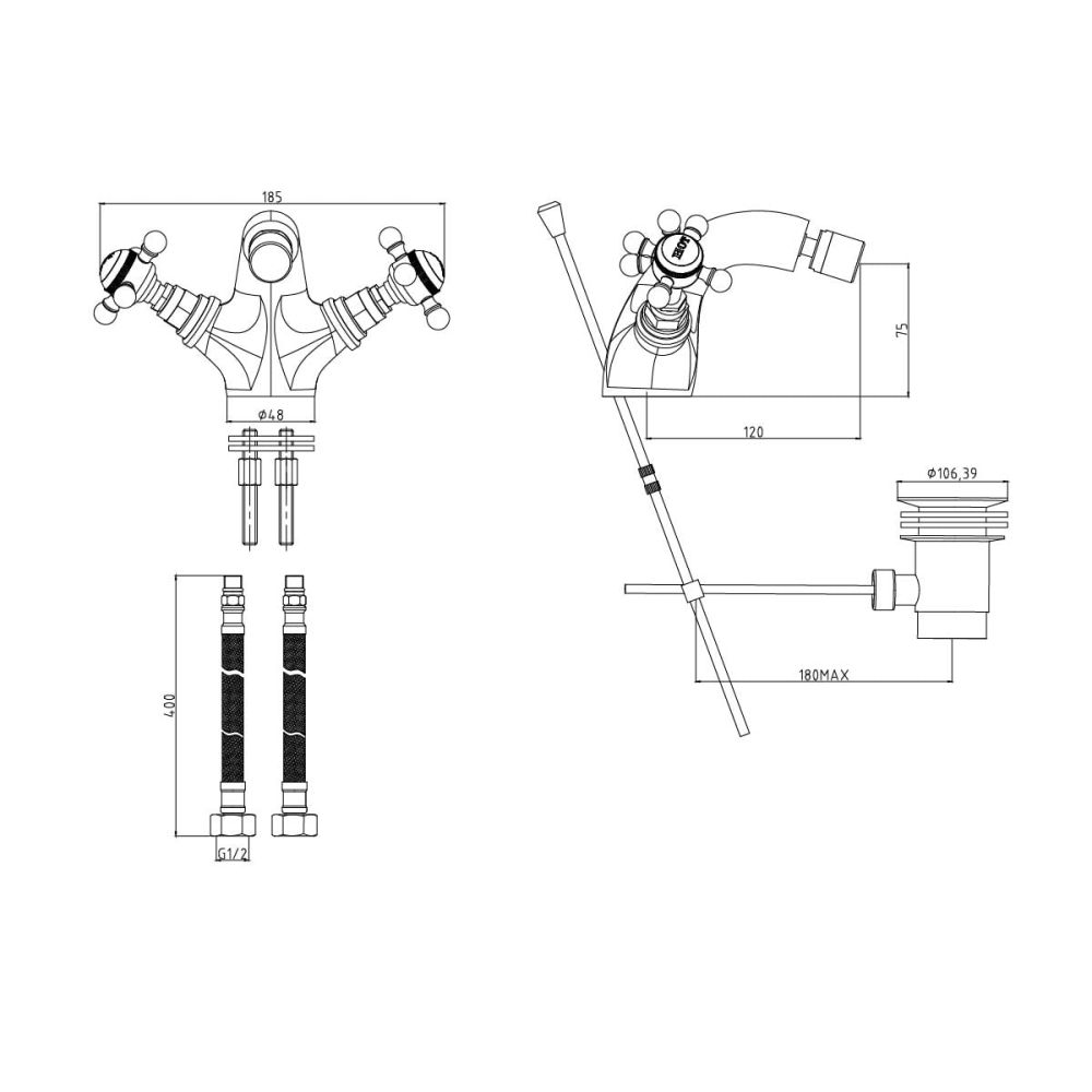 Grosvenor Chrome Mono Bidet Tap - dimensions