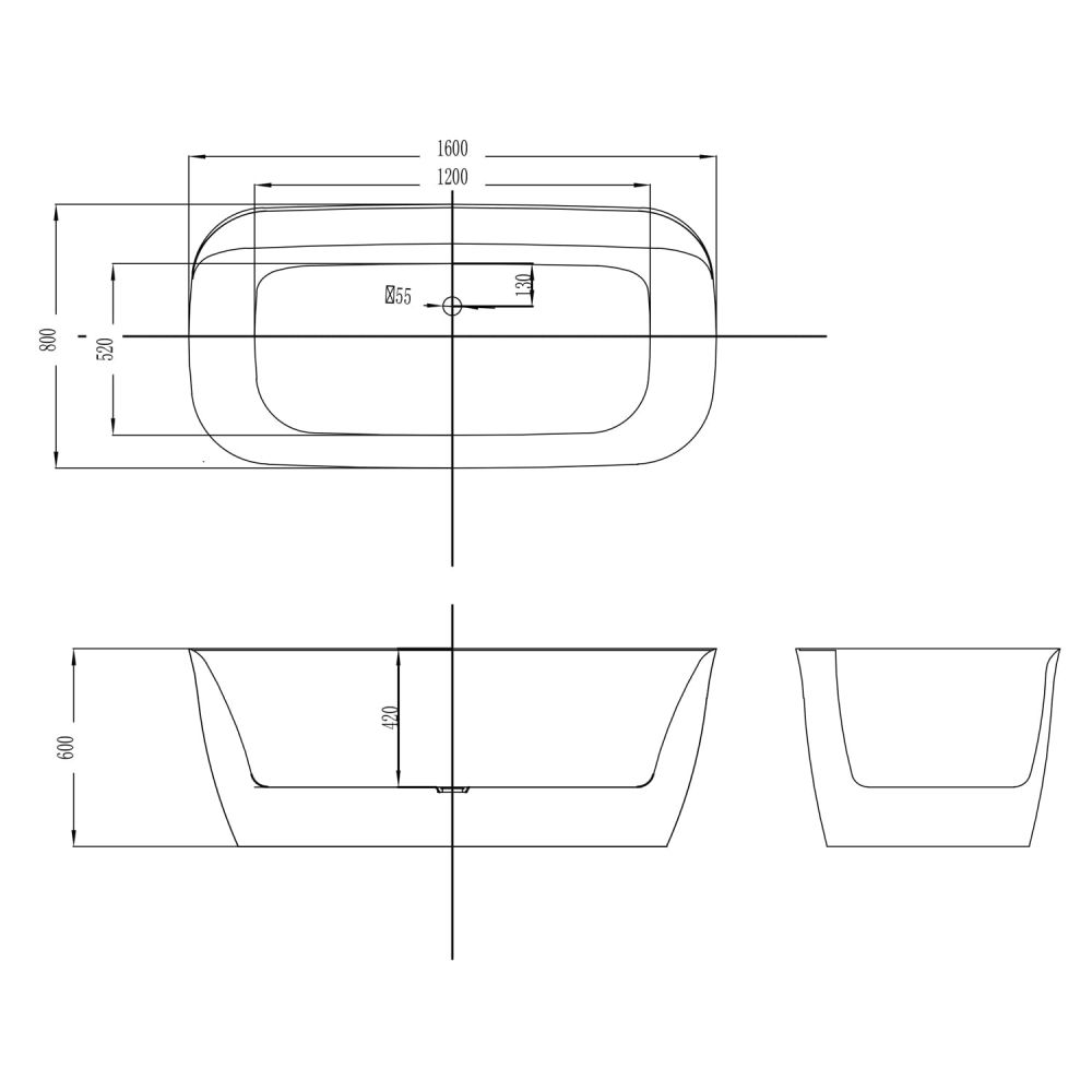 Tidal White Freestanding Acrylic Bath 1600x800mm dimensions