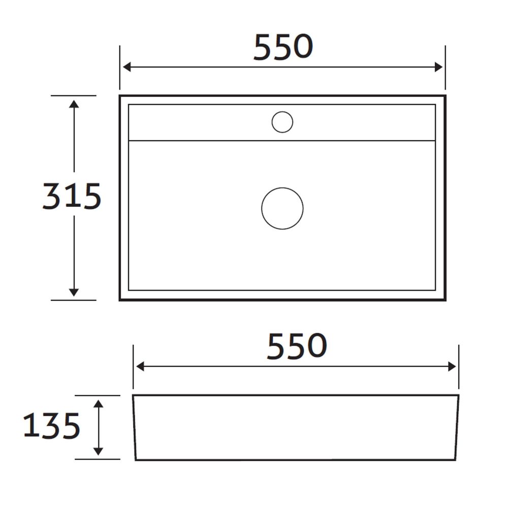 Aero Ceramic White Rectangular Countertop Basin Specification Technical Drawing