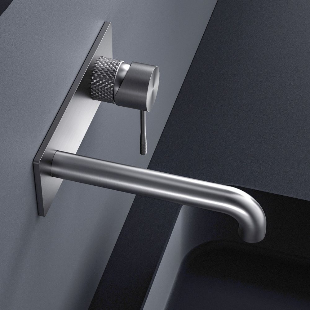 Moray Brushed Nickel wall mounted basin tap featuring a textured knurled detailing - roomset