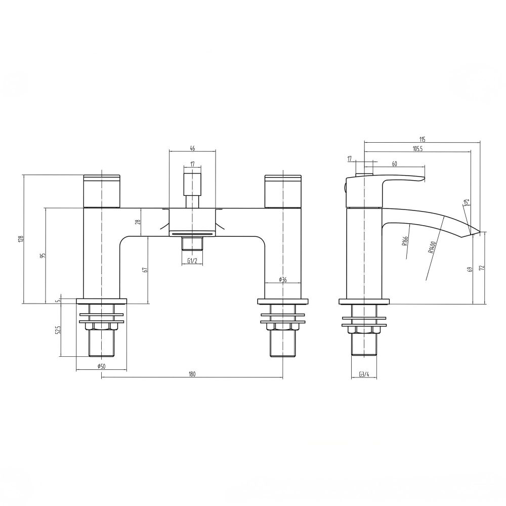 Tear Brushed Nickel Bath Shower Mixer dimensions