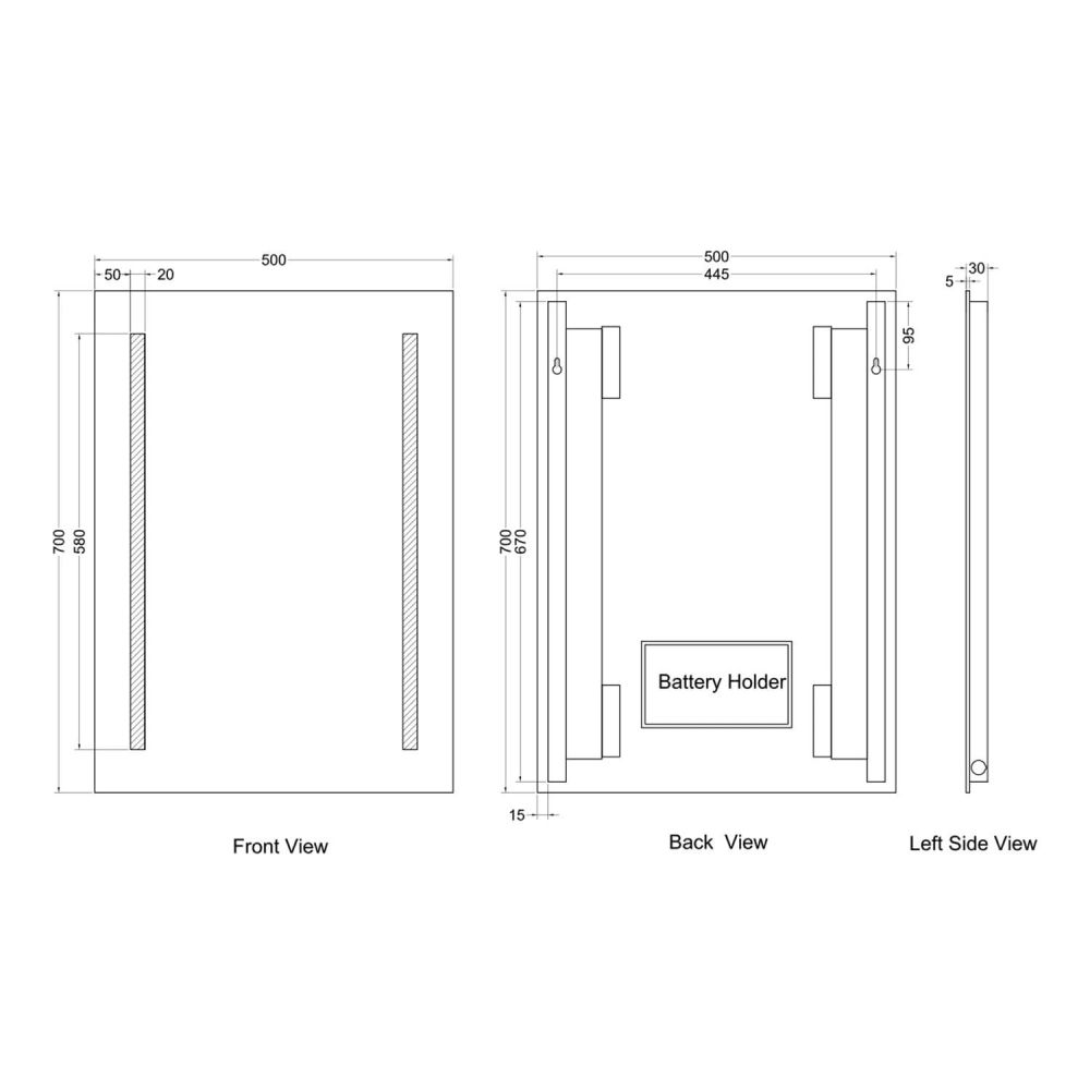 Siena Battery Operated LED Bathroom Mirror 500x700mm Dimension Drawing