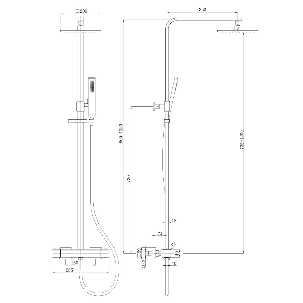Technical drawing of brushed gold dual outlet shower pack with a handheld shower head