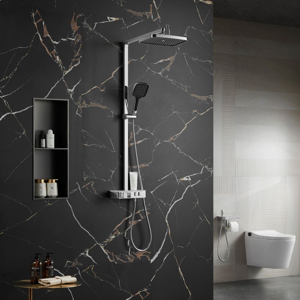 Dark andf sophisticated roomset showing the Flint Chrome Thermostatic Shower Pack