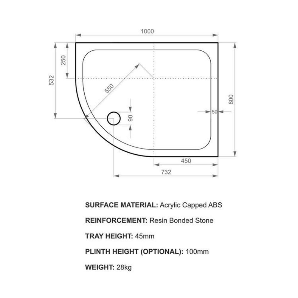 Kstone Right Hand Offset Quadrant Shower Tray 1000x800mm KSQ10080RH Spec Drawing