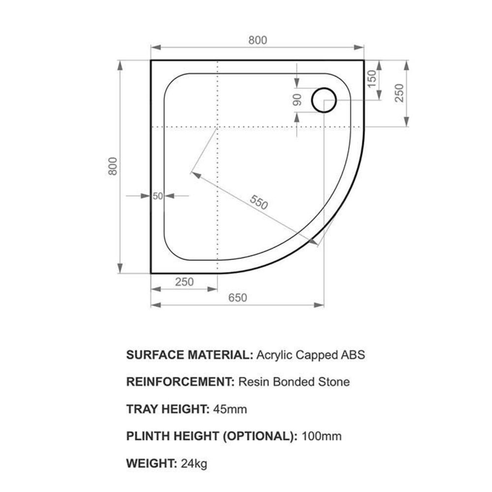 Kstone Quadrant Shower Tray 800x800mm Spec Drawing