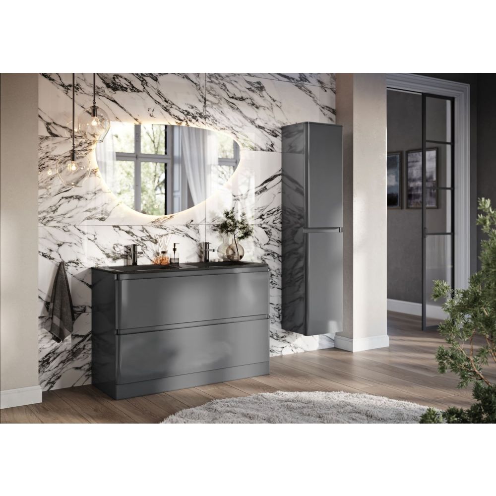 Neon Gloss Titanium Grey Floor Standing Vanity Unit with Grey Glass Basin 1200mm