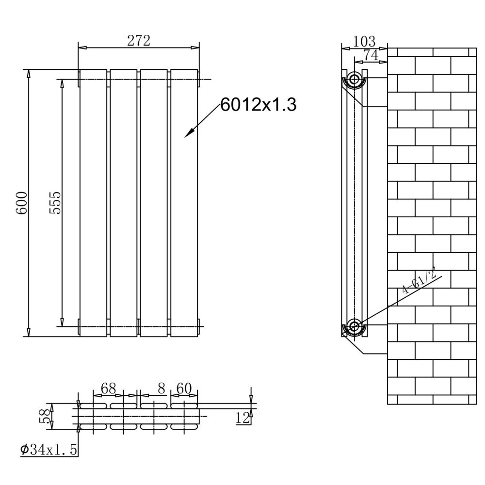 Perth White Double Vertical Flat Panel Radiator 600x272mm