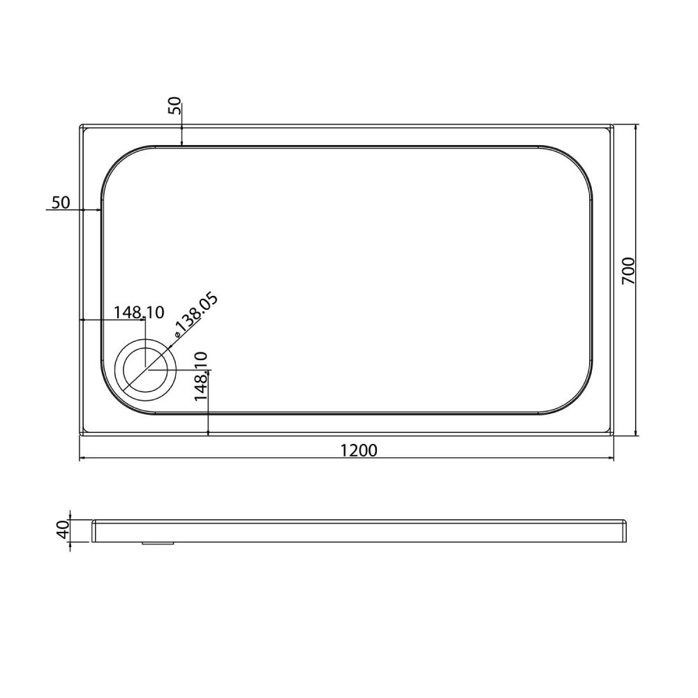 Low Profile Rectangle Shower Tray 1200x700mm Spec Drawing