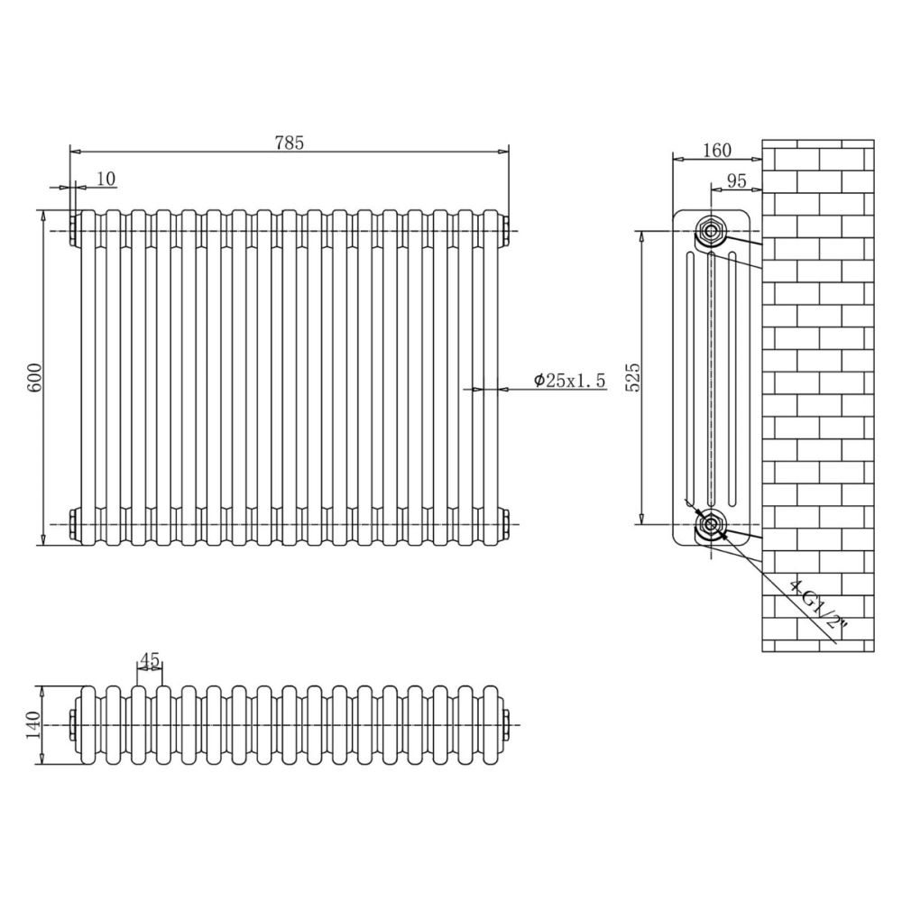 Upton Grey Quadruple Horizontal Column Radiator 600x785mm