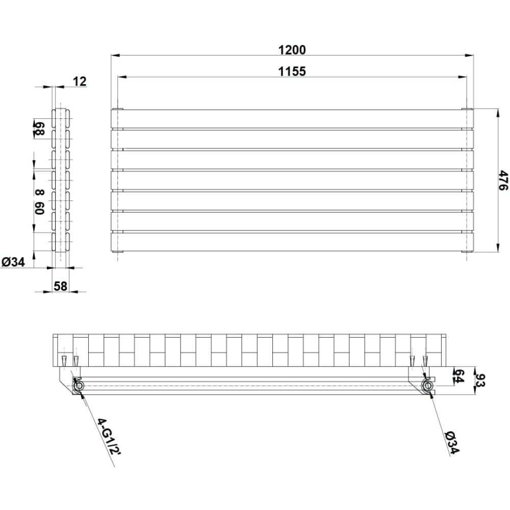 Perth Grey Double Horizontal Flat Panel Radiator 476x1200mm
