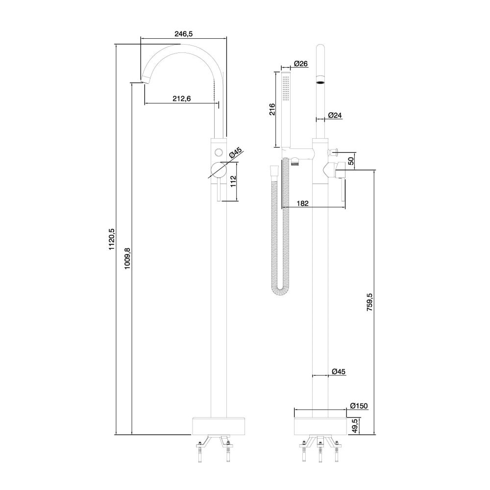 Elora Floor Standing Bath Shower Mixer Spec Drawing