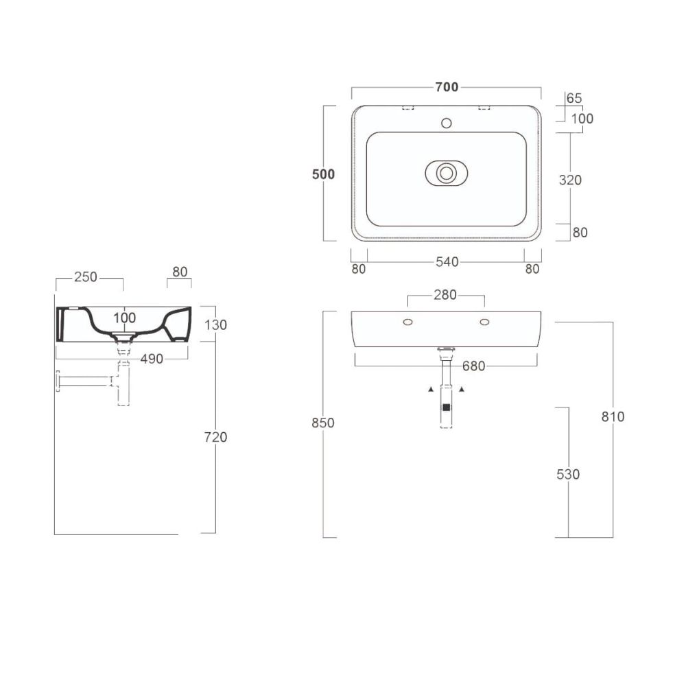 Micheli 700mm Wall Hung Basin Spec Drawing