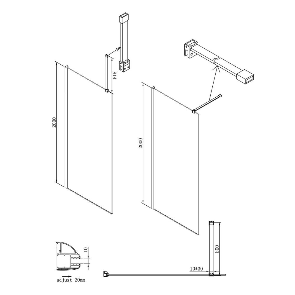 Oxford Shower Screen Ceiling Support Arm 800mm Spec Drawing