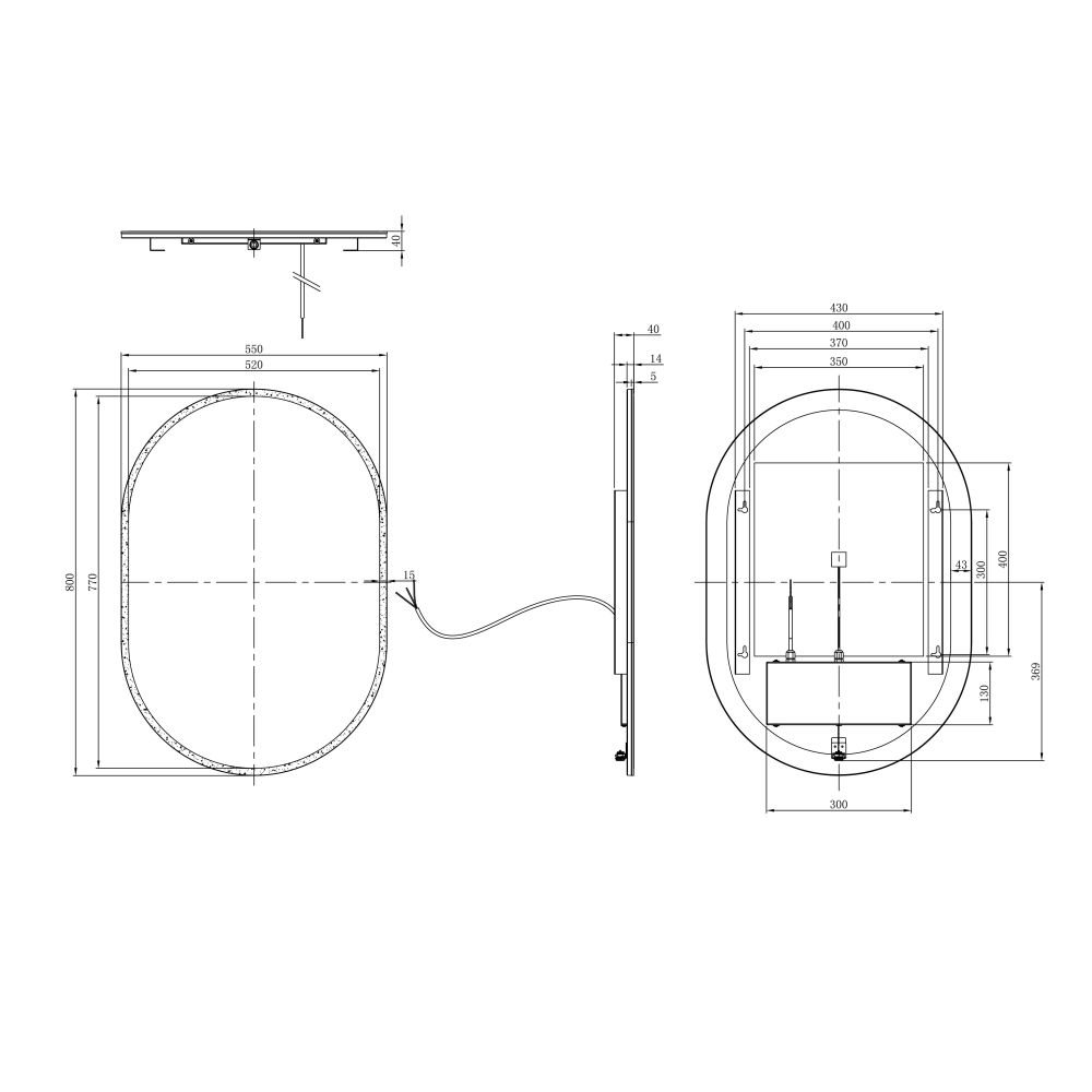 Halle Oval Illuminated LED Heated Bathroom Mirror Dimension Drawing