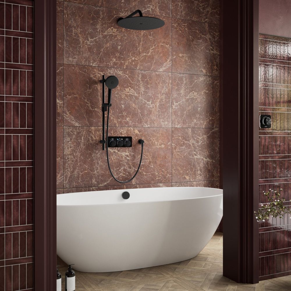 Aqualisa S3 black Smart Digital Shower Triple Outlet (Slide Rail Kit with Fixed Wall Head) HP/Combi Displayed in a modern roomset with stone brown tiles