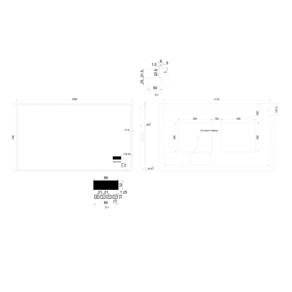 Ultra Illuminated LED Smart Mirror with Bluetooth Speakers 1200x700mm Spec Dimension Drawing