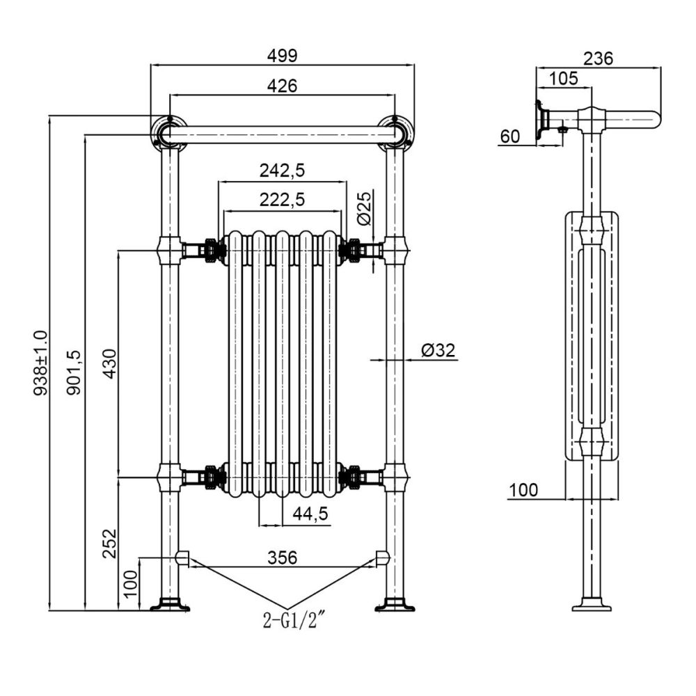 Hive Heated Towel Rail - 938x500mm Spec Drawing