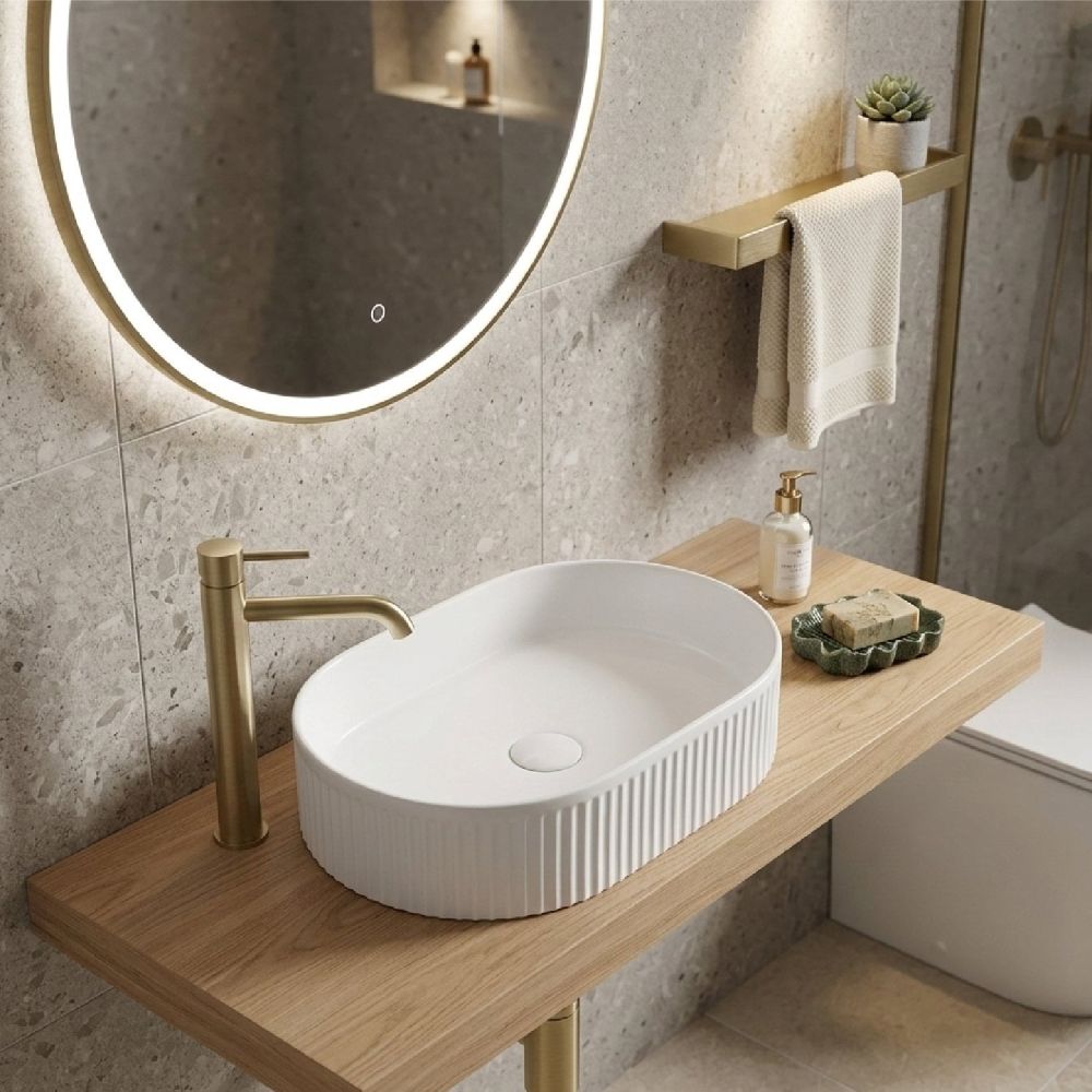 Sinda Ribbed White Oval Countertop Basin