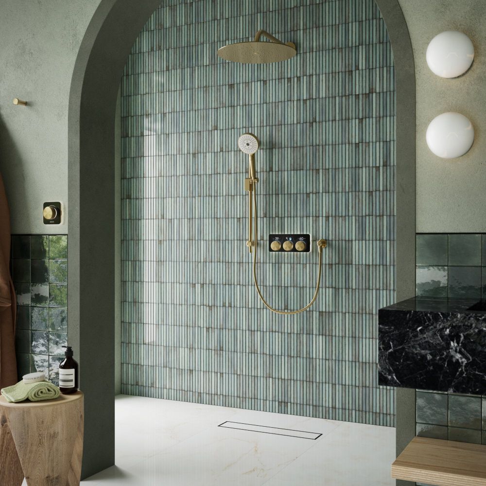 Aqualisa S3 Gold Digital Shower Dual Outlet (Slide Rail Kit with Fixed Wall Head) HP/Combi Displayed in a modern roomset with teal tiles