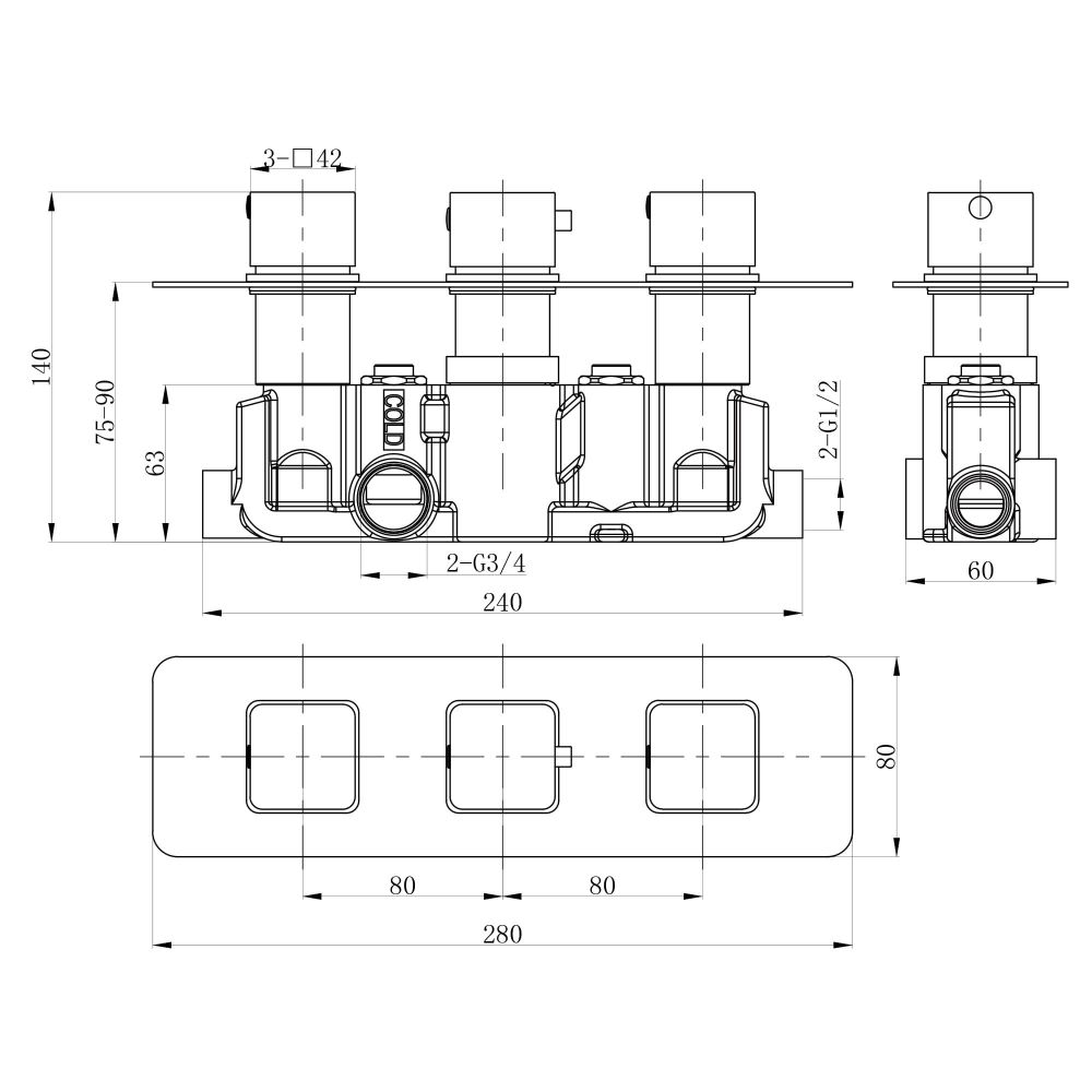 Technical Drawing of a Brushed Gold Triple Square Concealed Thermostatic Shower valve Dual Outlet