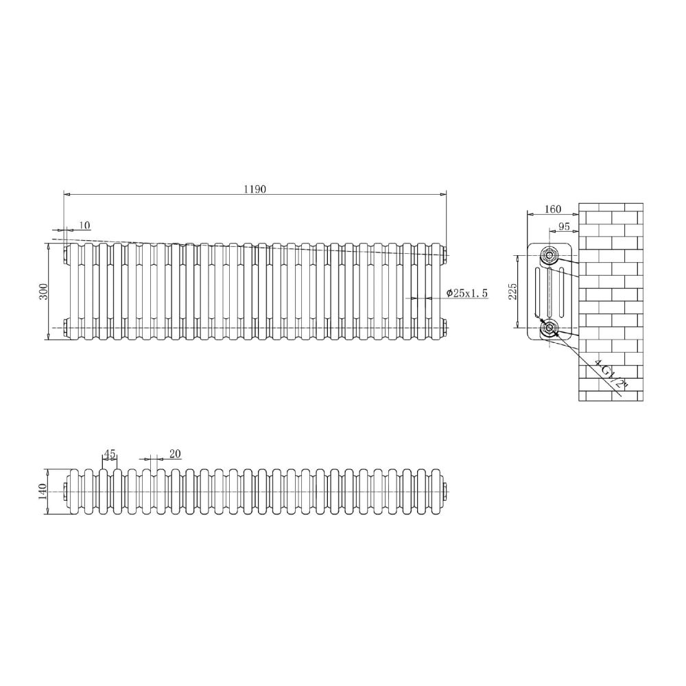Upton Grey Quadruple Horizontal Column Radiator 300x1190mm