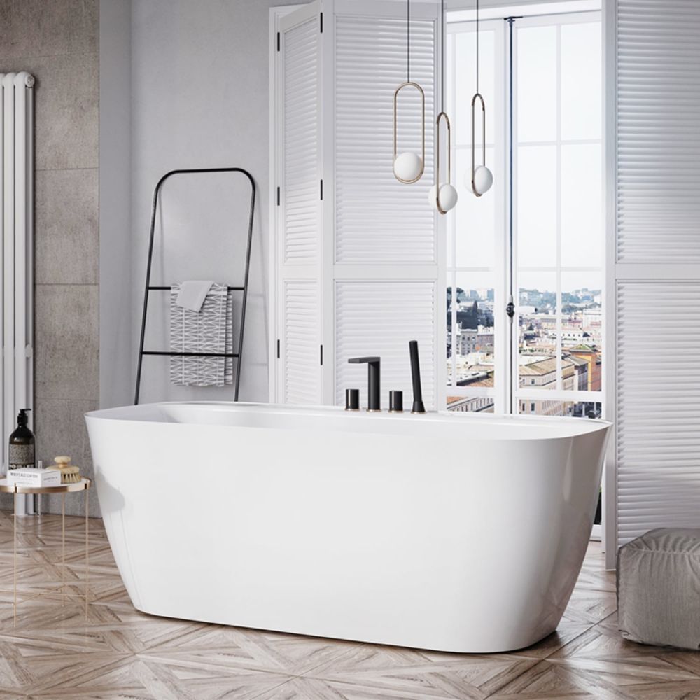 Contemporary styled roomset shwocasing the Tidal White Freestanding Acrylic Bath 1600x800mm