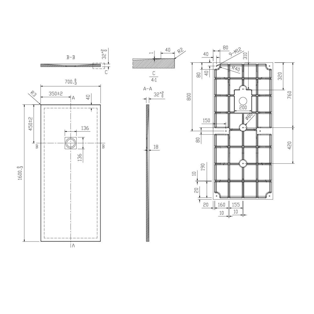 Peoria Slate Effect Rectangle Shower Tray 1600x700mm Technical Drawing