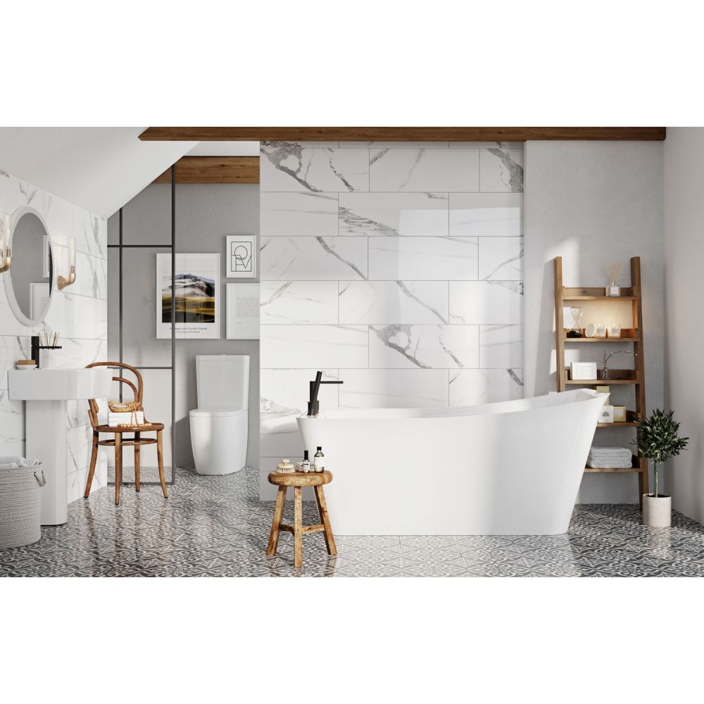 Modern roomset with marble tiles showing the Chardon White Freestanding Acrylic Bath 1600x800mm