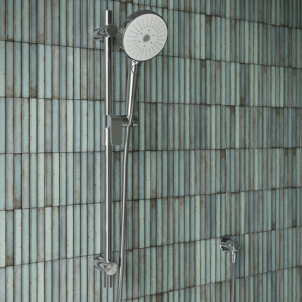 Aqualisa S3 chrome Slide Rail Kit detailed view upon a teal tiled background