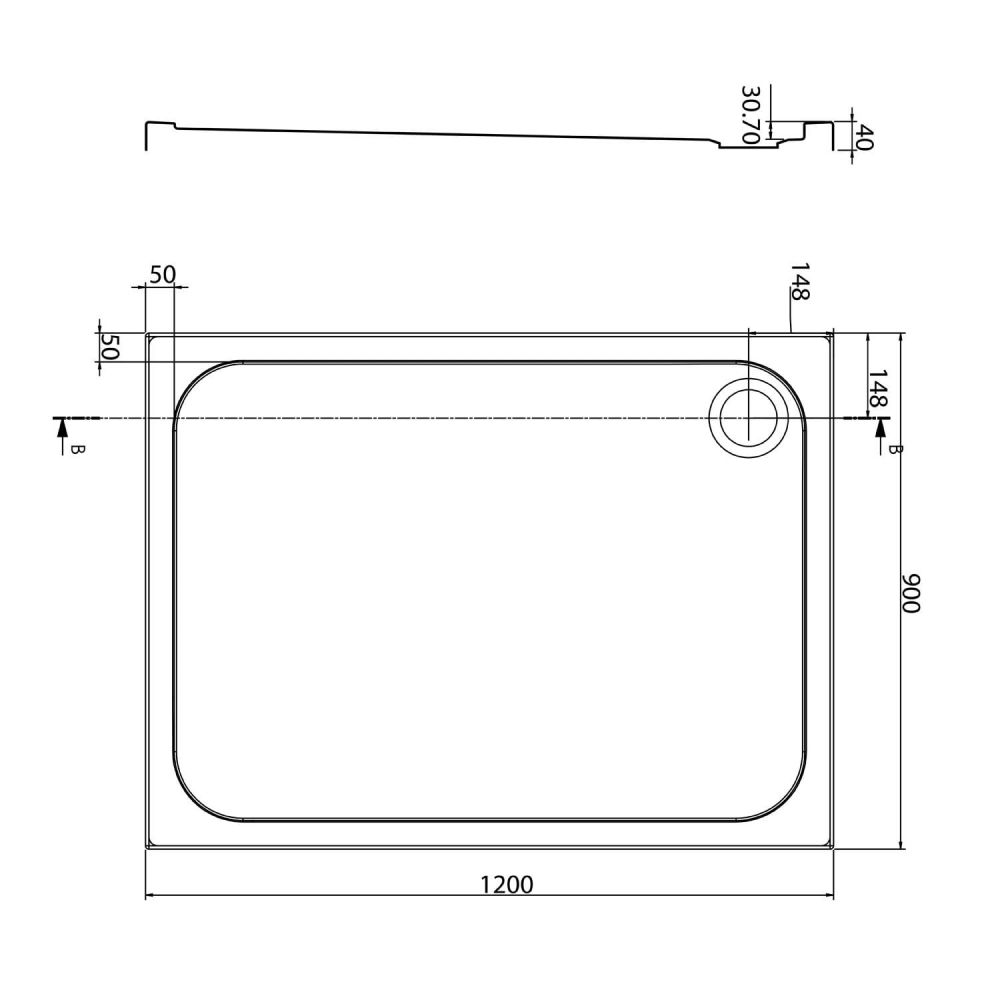Low Profile Rectangle Shower Tray 1200x900mm Spec Drawing