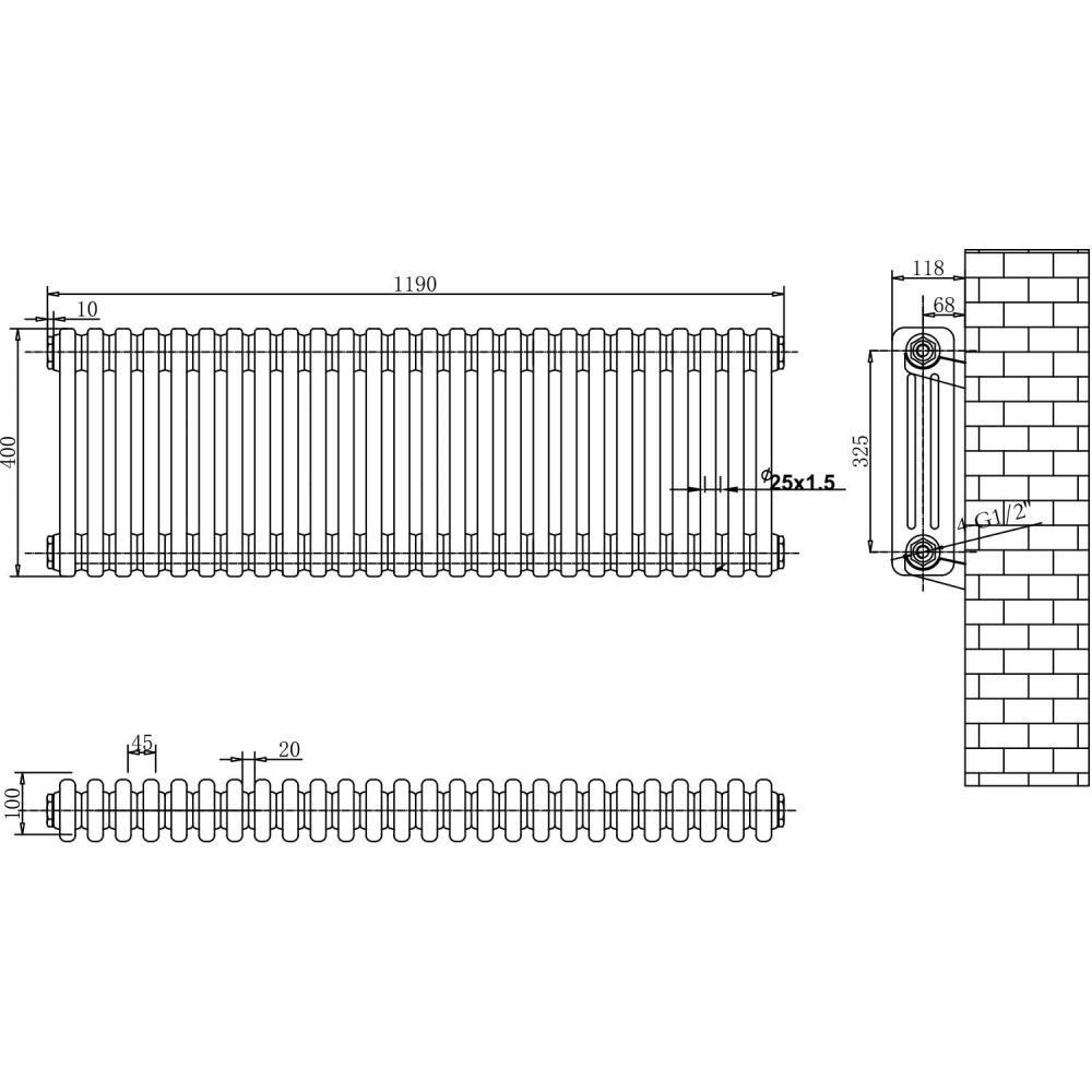 Upton White Triple Horizontal Column Radiator - 400x1190mm
