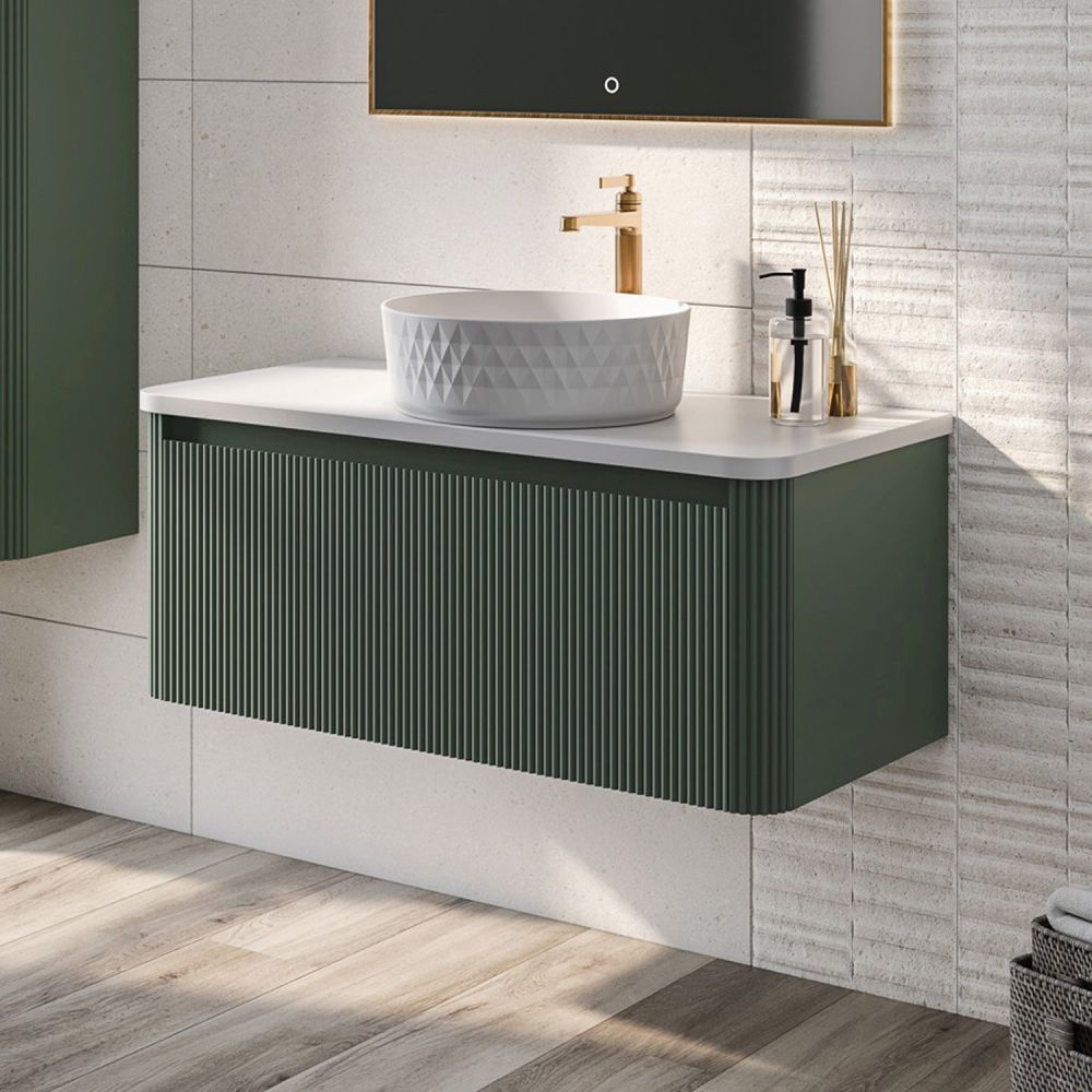 1000mm Wish Ribbed Wall Hung Vanity Unit in Green with White Worktop
