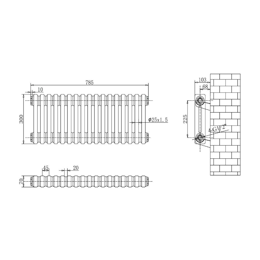 Upton White Double Horizontal Column Radiator 300x785mm