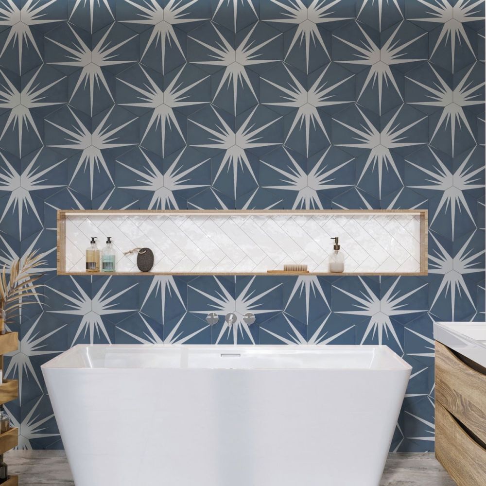 Lotus Hex Matt Blue Hexagon Porcelain Tile - 198x228mm Roomset