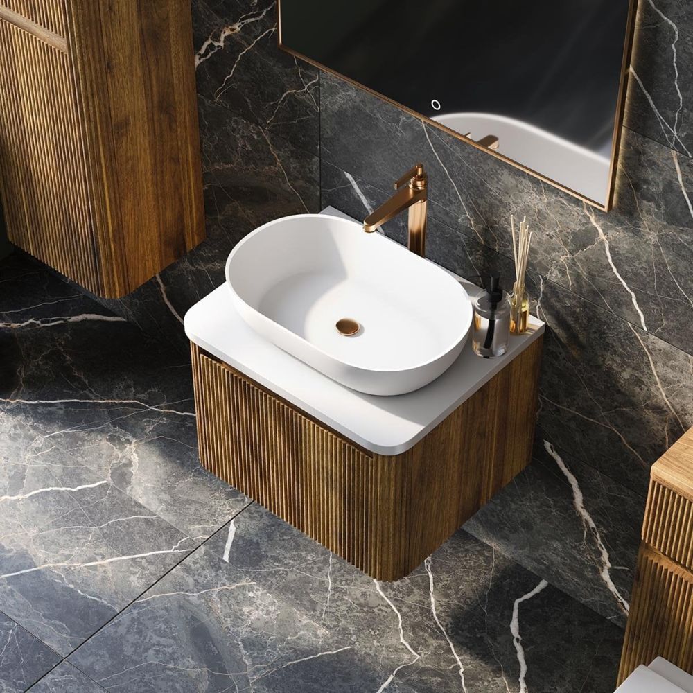 Wish Ribbed Wall Hung Vanity Unit in Walnut with White Worktop 600mm
