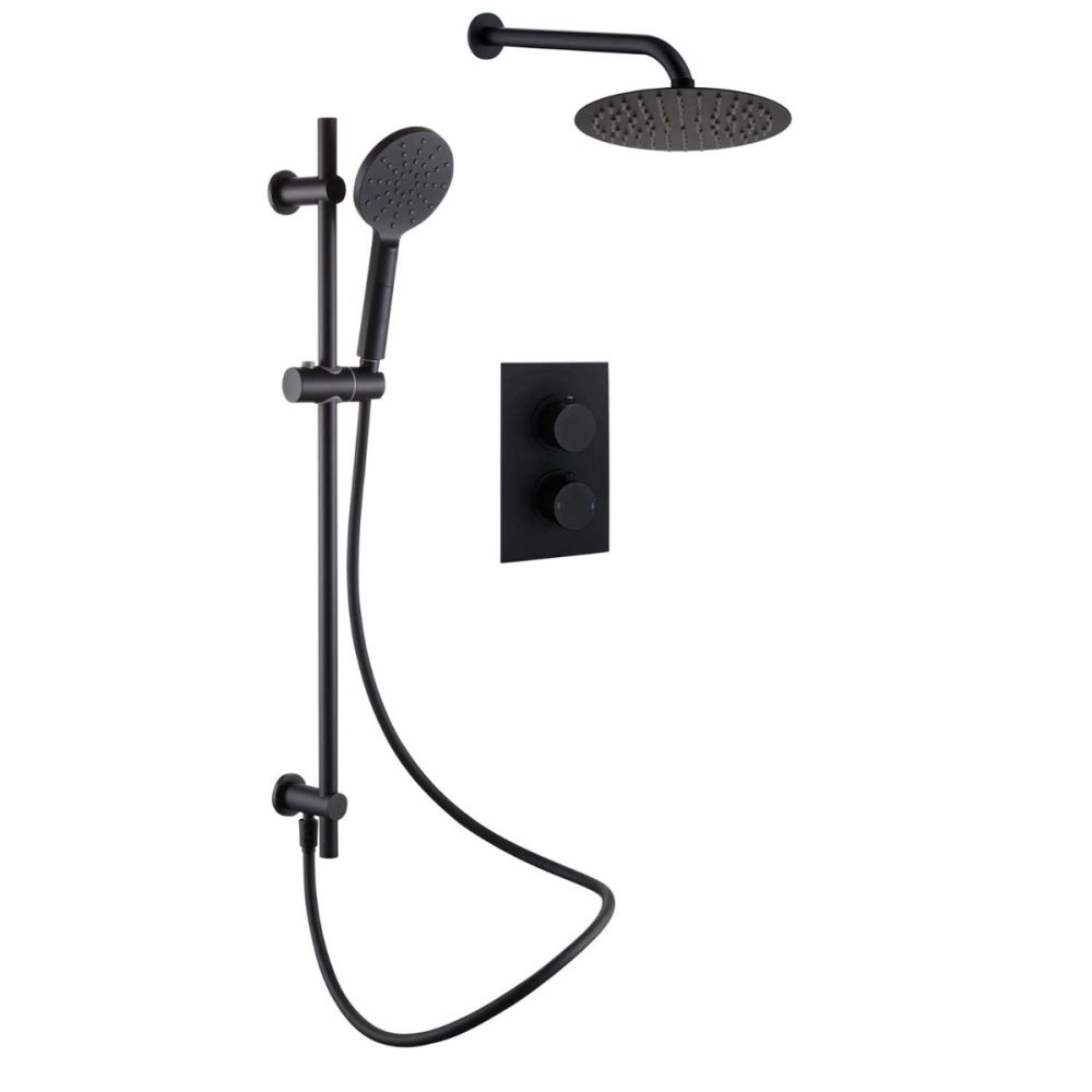 Zena Matt Black Round Double Outlet Valve with Slide Rail Kit, Shower Head and Arm