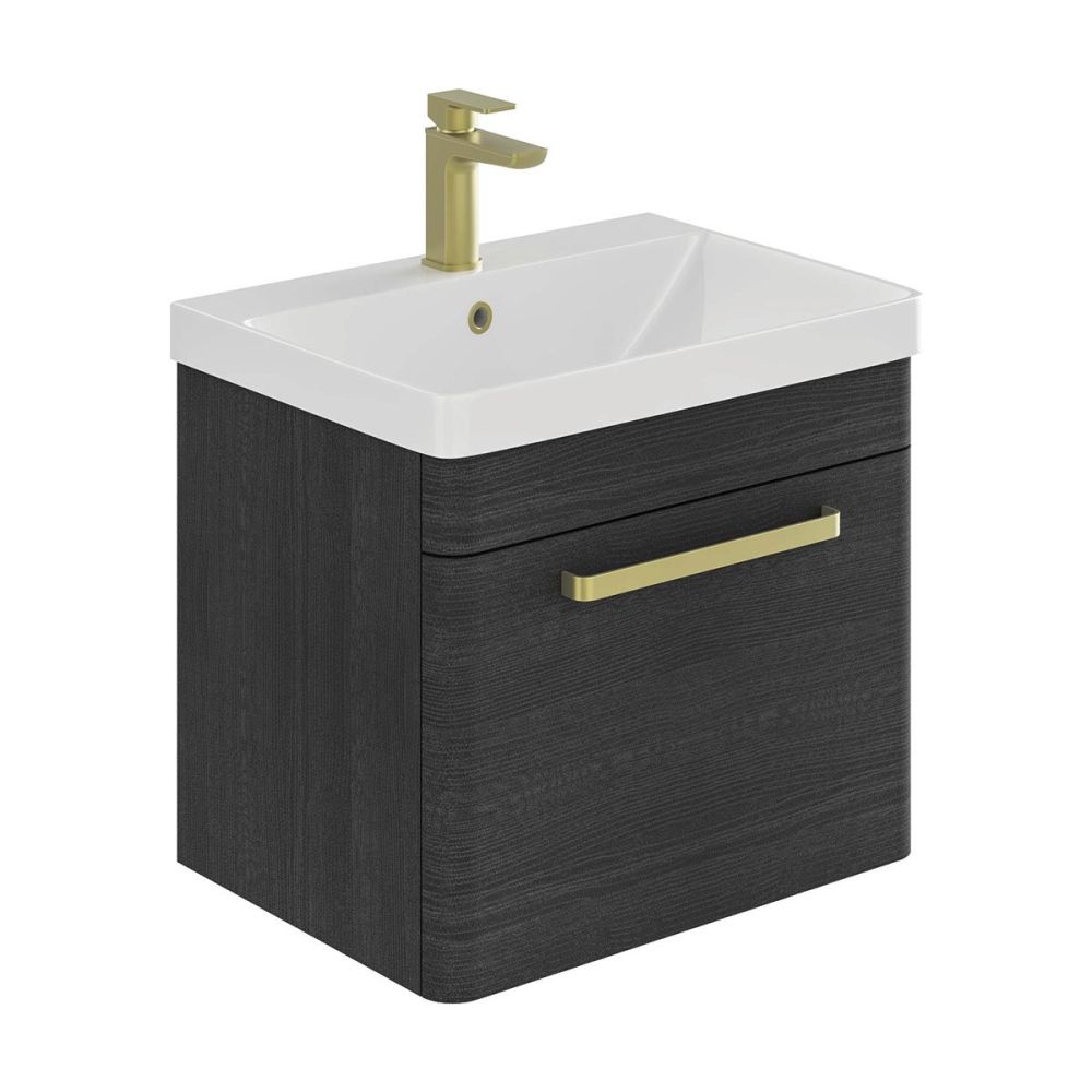 Esk Black Wall Hung Vanity Unit and Basin with Brushed Gold Handles 500mm