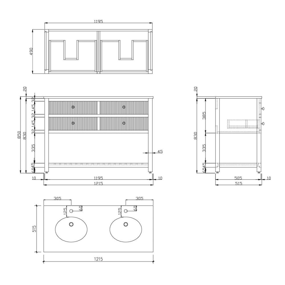 Addison Ribbed 1200mm Floor Standing Vanity Unit Spec Drawing