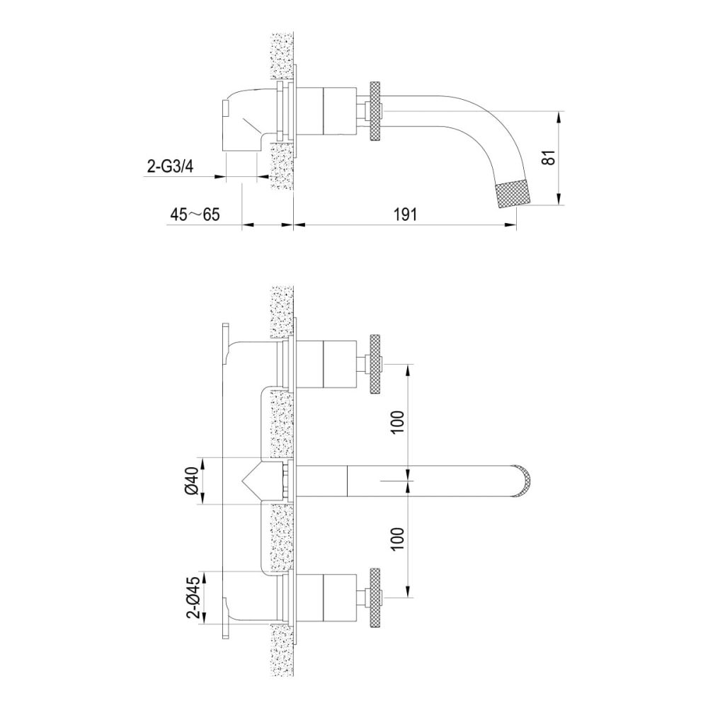 Urban Brushed Nickel Wall Mounted Bath Tap - dimensions