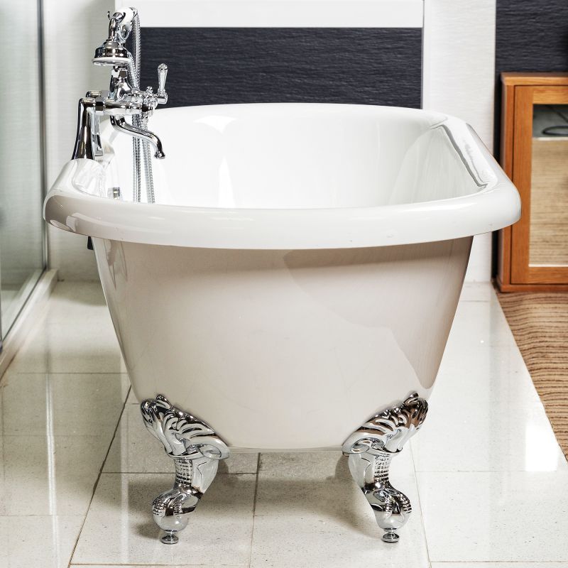 Roomset image from the side showing detail of the Mere Traditional Freestanding Acrylic Bath with Chrome Feet 1780x800mm