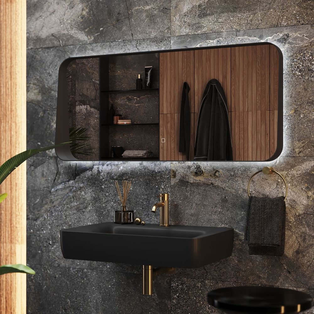 Maine Black Framed Backlit LED Heated Mirror 1200x550mm