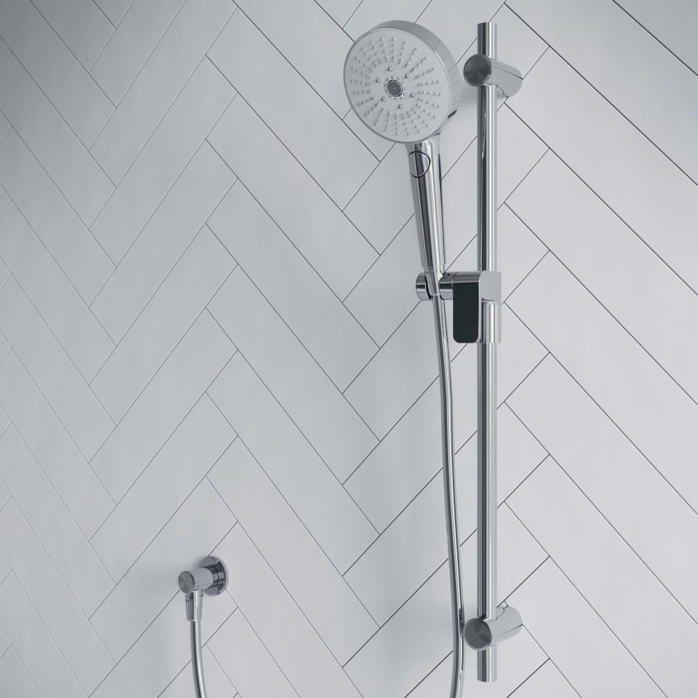 Aqualisa S3 Chrome Slide Rail Kit detailed view upon a white tiled background
