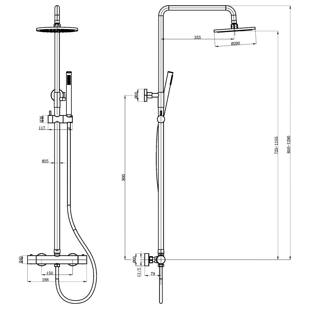 Elora Brushed Bronze Round Thermostatic Shower Pack Dimension Drawing