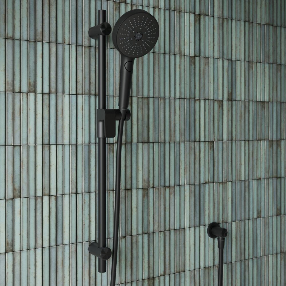 Aqualisa S3 black Slide Rail Kit detailed view upon a teal tiled background