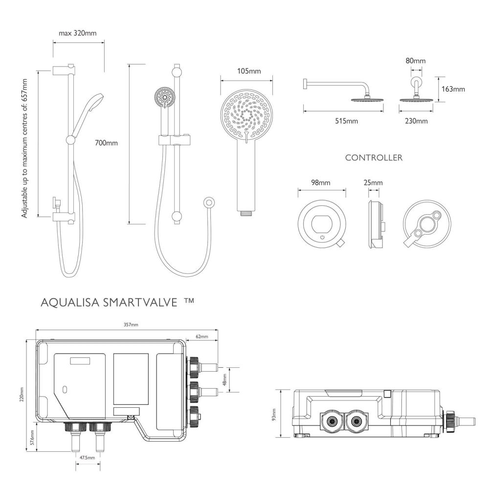 Aqualisa Quartz Touch Concealed Smart Shower With Adjustable Head and Fixed Wall Head - Hp/Combi